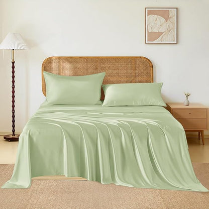 THXSILK Luxury Mulberry Silk Bed Sheets Set - 3pcs Silk Sheets Set 16" Deep Pocket - 1 Fitted Sheet, 1 Flat Sheet, 1 Pillowcase with Zipper Closure - Twin-XL, Mint Green