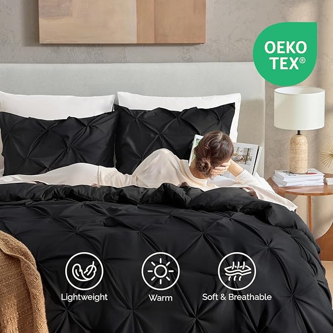 Andency Black Pinch Pleat Comforter Twin(66x90Inch), 2 Pieces(1 Pintuck Comforter, 1 Pillowcase) Pintuck Comforter Set,Microfiber All Season Down Alternative Comforter Bedding Set
