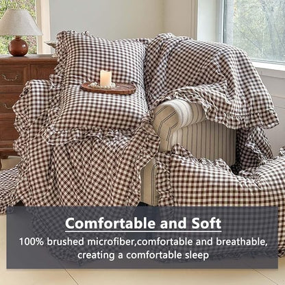 NSNLGSGC Mocha Ruffle Gingham Comforter Set Queen, Pre-Washed Ruffled Coffee Plaid Checked Comforter Bedding, 3 Pieces Vintage Farmhouse Grid Bedding Set(Mocha Gingham, Queen)