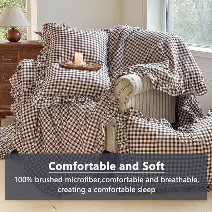 NSNLGSGC Mocha Ruffle Gingham Comforter Set King, Pre-Washed Ruffled Coffee Plaid Checked Comforter Bedding, 3 Pieces Vintage Farmhouse Grid Bedding Set(Mocha Gingham, King)