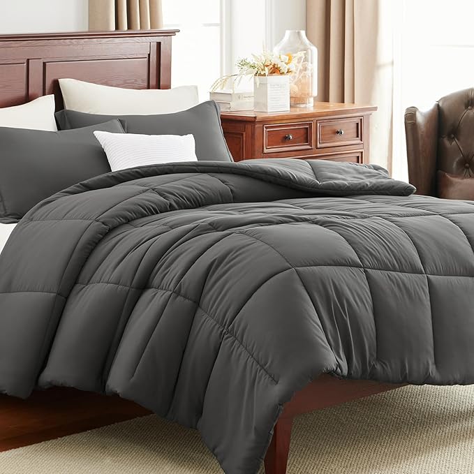CozyLux Full Size Comforter Sets - Dark Grey Comforter Full Size, 3 Pieces Box Stitched Bed Set for All Seasons, Soft Lightweight Bedding Sets with 1 Down Alternative Comforter and 2 Pillow Shams