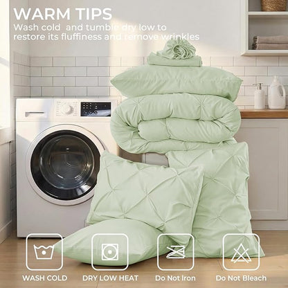 Sasttie Queen Comforter Set, 7-Piece Bed in a Bag, Pintuck Bedding Sets for All Season, Includes Comforter, Flat Sheet, Fitted Sheet, Pillowcases and Pillowshams, Mint