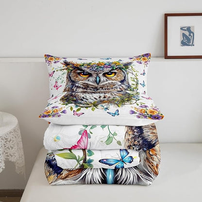 Owl Kids Comforter Set Toddler Size,Jungle Exotic Birds Bedding Set,Boys Girls Men Room Decor,Watercolor Flowers Leaces Down Comforter,Pink Blue Butterfly Duvet Insert,1 Pillowcase