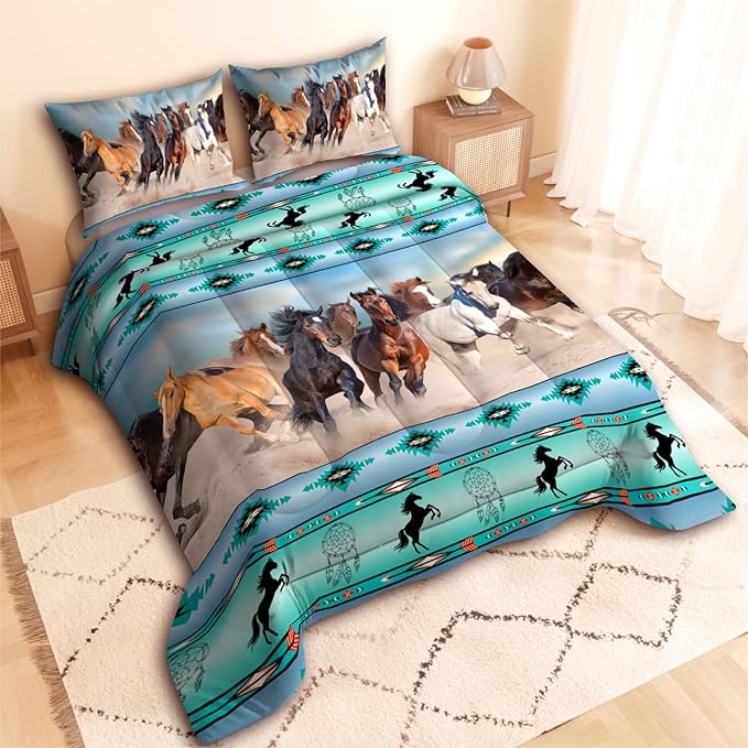 Horse Comforter Set, Green Brown 3D Pattern for Kids Teens Adults,Decorative Bedding Comforter Sets with 2 Pillow Shams, Twin Size