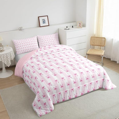 Castle Fairy Kids Bow Comforter Sets Twin Size,Pink Bowknot Stripes Bedding Set 2Pcs for Girls Teens Woman Room Decor,Sweet Princess Style Quilted Duvet Girly Bow Ribbon Down Comforter,1 Pillowcase