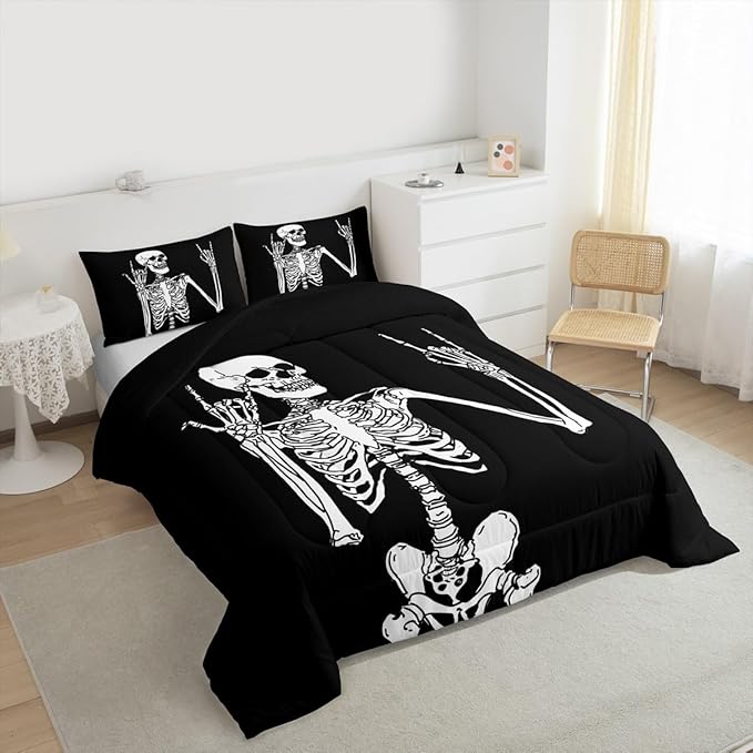 Erosebridal Gothic Skull King Size Comforter Set, Halloween Rock Roll Music Hippie Posing Skeleon Bedding Set, Black Comforter, Funny Skull Skeleton Victory Quilt with 2 Pillowcases