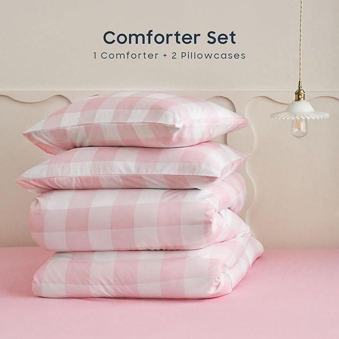 Wake In Cloud - Gingham Comforter Set, Plaid Buffalo Check Checkered Cottagecore Cute Geometric, Soft Lightweight Bedding, 3 Pieces, Pink, Queen Size