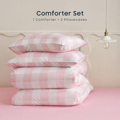 Wake In Cloud - Gingham Comforter Set, Plaid Buffalo Check Checkered Cottagecore Cute Geometric, Soft Lightweight Bedding, 3 Pieces, Pink, Full Size