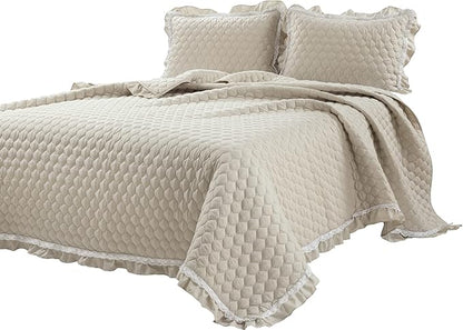 Lush Decor Ella Ruffle Lace Quilt, 3 Piece Set, Full/Queen, Neutral - Cute Quilt - Queen Bedding Set - Beige Bedding Full Size - Coquette Decor - Neutral Ruffle Trim - Beige Lace Trim
