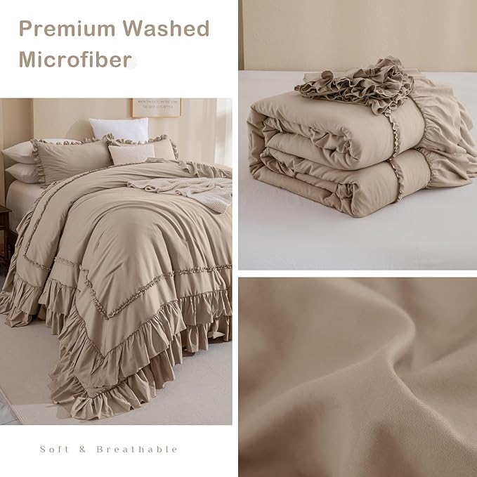 Masaca Ruffled Oversized King Comforter 128x120,3 Pieces Vintage Farmhouse Shabby Bedding Set Lightweight Ultra Soft French Country Light Taupe Bedding (1 Ruffle Comforter +2 Pillowcases)