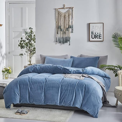 Cottonight Blue Velvet Comforter Set King Lake Blue Flannel Bedding Set Winter Warm Heavyweight Blanket Quilts Modern Winter Warm 3 Piece Comforter Set for King Bed
