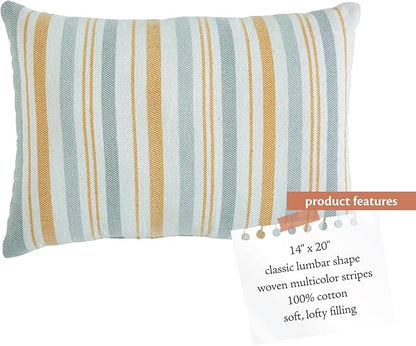 Indigo Ink - Decorative Pillow, Woven Stripe Decorative Pillow, Throw Pillows for Couch or Bed, Boho Home Decor, 14" x 20" (White Denim Collection, Grey/Yellow)