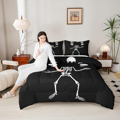 Erosebridal Juggling Skeleton Bedding Set Toddler, Halloween Juggling Skull Comforter Set for Kids Boys Teens Men Horror Halloween Decor, Gothic Skull Comforter, Black Quilt 2 Piece