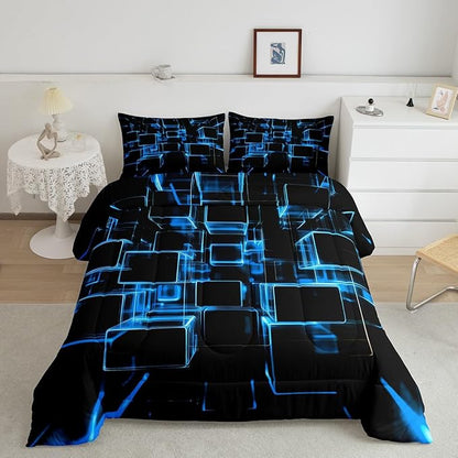 Erosebridal Blue and Black Kids Comforter Set, Modern Geometric Square Bedding for Boys Girls Gradient Neon Light Honeycomb Duvet Insert Abstract Bed Set Twin 2 Pieces