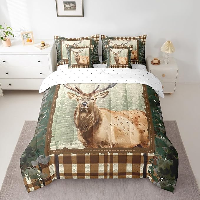 Elk Deer Bed in a Bag King Size Comforter Set 7 Pieces,Woodland Animals Bedding Sets Ombre Camouflage Sheet Set with Comforter