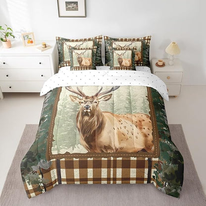 Elk Deer Bed in a Bag King Size Comforter Set 7 Pieces,Woodland Animals Bedding Sets Ombre Camouflage Sheet Set with Comforter