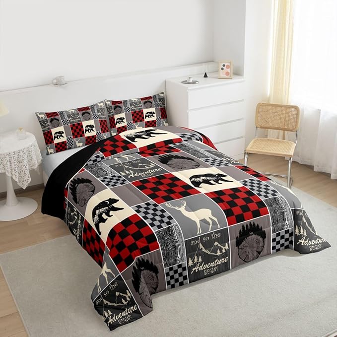Rustic Cabin Bear Deer Bedding Set, Retro Wooden Barn Door Comforter Set Wild Animals Adventure Camping Patchwork Quilt Vintage Farm Country Bedding Comforter Sets Lodge Decor For The Home, Full