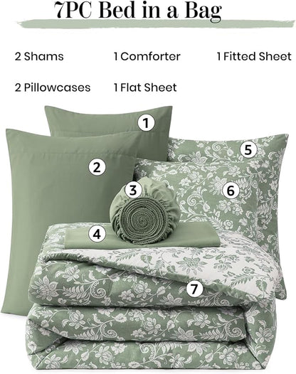 Queen Comforter Set -7 Pieces Floral Grey Green Comforter Set for All Seasons, Bed in a Bag Queen with Botanical Flowers Comforter, Sheets, Pillowcases & Shams