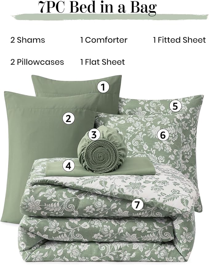 Full Comforter Set -7 Pieces Floral Grey Green Comforter Set for All Seasons, Bed in a Bag Full with Botanical Flowers Comforter, Sheets, Pillowcases & Shams