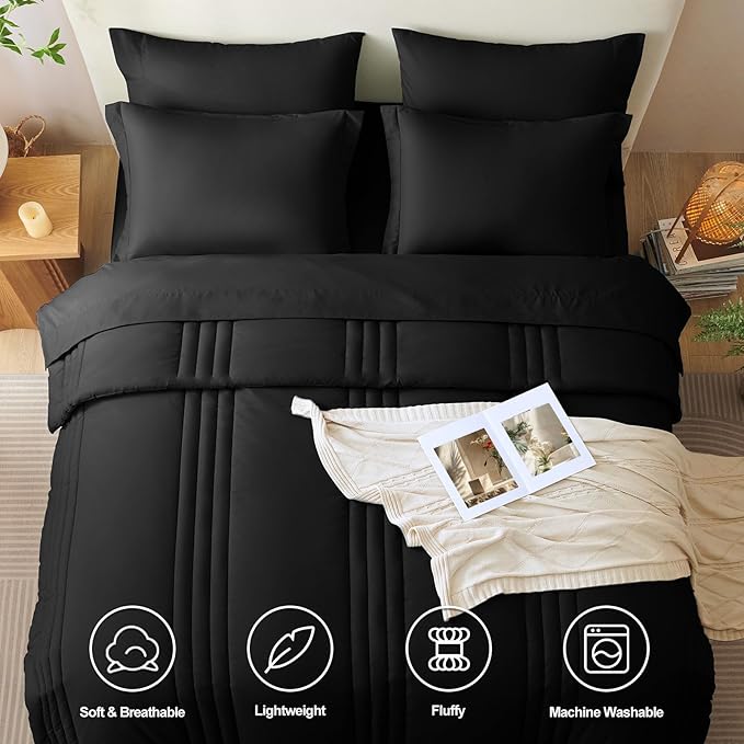CozyLux King Size Comforter Sets - 7 Piece Bed in a Bag Black Comforter Set with Sheets Luxury Bed Set All Seasons, Soft Bedding Set with Down Alternative Comforter, Sheets, Pillowcases & Shams