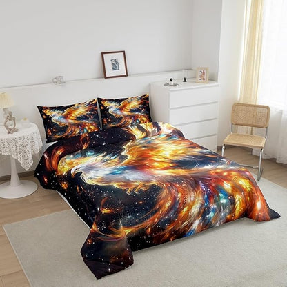 Manfei Phoenix Comforter Twin for Kids Adults Youth,Rainbow Birds Wildlife Colorful Feather Quilt Comforter Room DecorGlitter Galaxy Universe Quilted Duvet Duvet Insert,1 Pillowcase