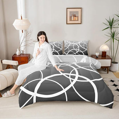 Castle Fairy Circle Comforter Set,Gray Gradient Bedding Set for Girls Women,Adults Abstract Stripes Comforter,Modern Style Quilted Duvet Set Bedroom Collection Twin Size 2Pcs