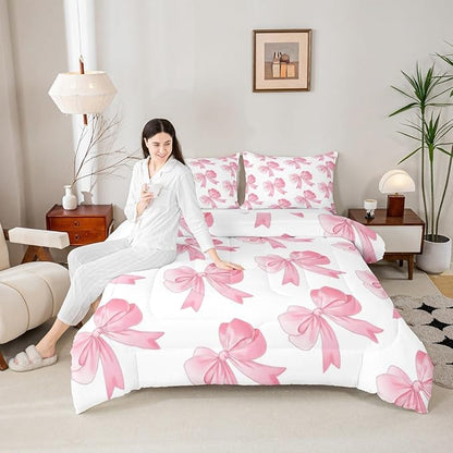 Erosebridal Pink Princess Bow Comforter Set Queen Cute Cartoon Bowknot Bedding Set for Kids Girls Teen Women,Romantic Coquette Bow Tie Comforter Girly Kawaii Butterfly Knot Bed Set