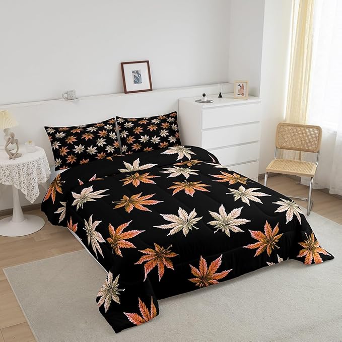 Erosebridal Orange Leaves Comforter Set Twin, Leaves Bedding for Kids Teens Adult,Tropical Botanical Down Comforter,Exotic Plant Bedding Comforter Sets,Soft Cozy