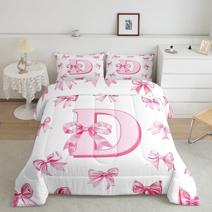 Erosebridal Initial D Letter Comforter Set Queen Kawaii Princess Bowknot Girls Bedding Set Dreamy Romantic Bow Bedding Comforter Sets Princess Style Bowknot Quilt Duvet for Kids Teen Women