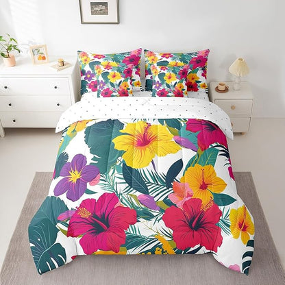 Feelyou Palm Leaf Comforter Set Queen Size 7 Pieces Flower Bedding Set for All Season Floral Blossom Botanical Nature Theme Bed in a Bag with Comforter, Sheets, Pillowcases & Cushion Cover