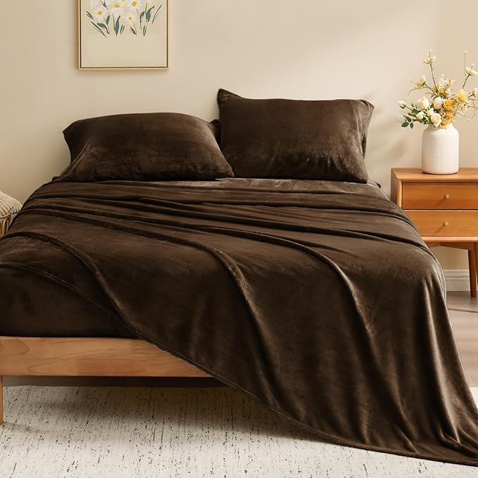 BEDELITE Flannel Sheets King Size Brown - Super Soft Fleece Sheets Set Fluffy Extra Plush, 4 Piece(Include Fitted Sheet, Flat Sheet, 2 Pillowcases)