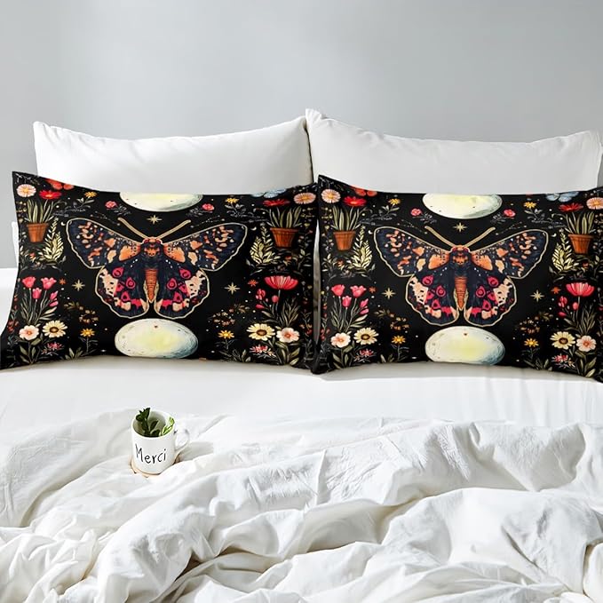 Erosebridal Adults Death Moth Queen Comforter Set, Gothic Moth Bedding Set Moon and Star Black Comforter for Kids Boys Girls Women Men Bedroom Decor, Boho Exotic Vintage Floral Butterfly Quilt