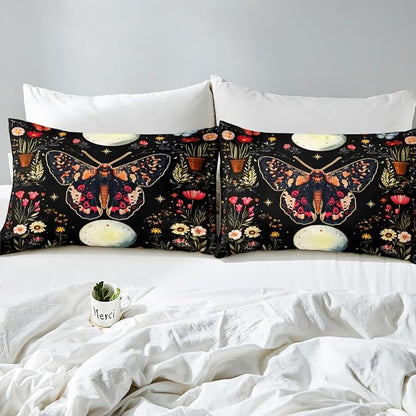 Erosebridal Adults Death Moth Toddler Comforter Set, Gothic Moth Bedding Set Moon and Star Black Comforter for Kids Boys Girls Women Men Bedroom Decor, Boho Exotic Vintage Floral Butterfly Quilt
