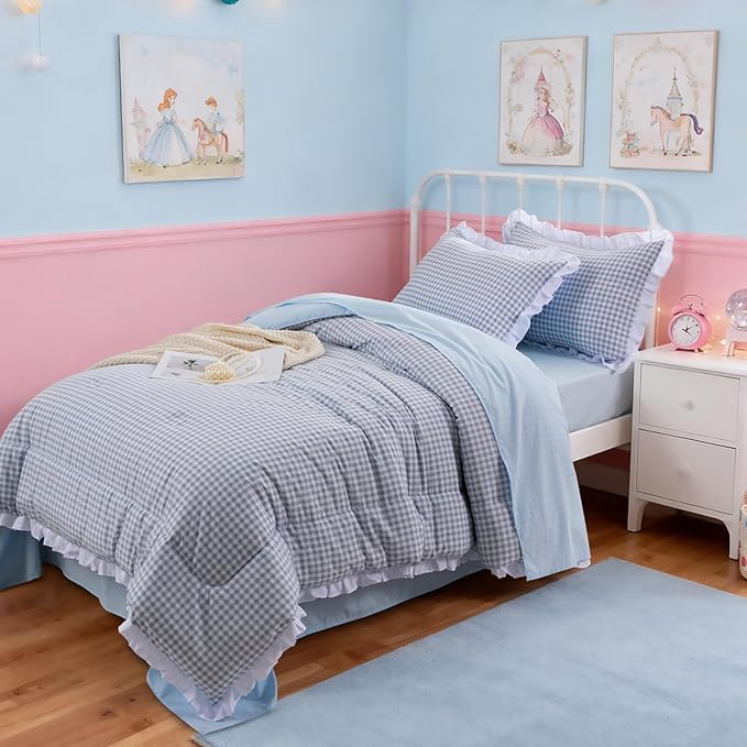 A Nice Night Comforter Twin Size,Blue Ruffle Comforter for Dorm Room Essentials for Twin Bed,Plaid Checkered Chic Bedding Bed in a Bag for Girls
