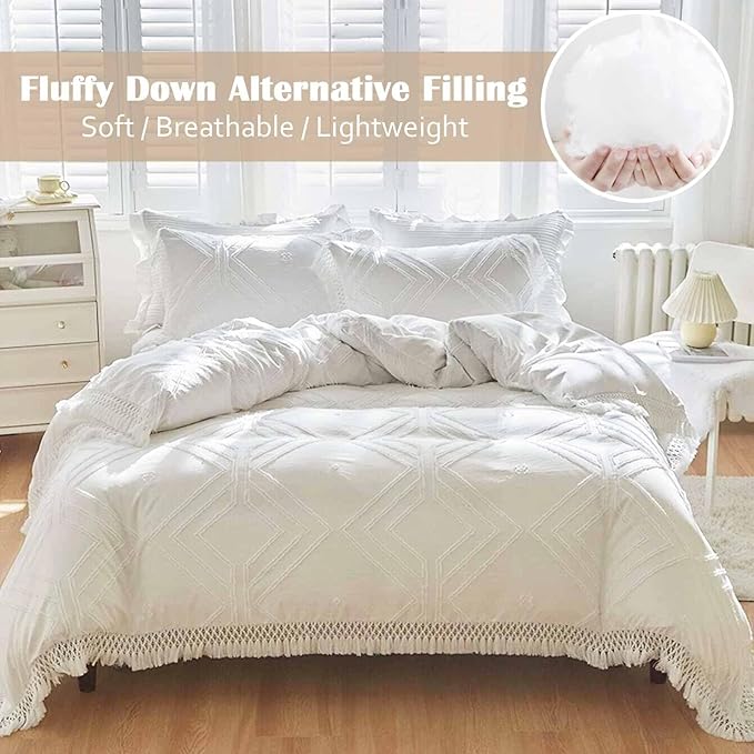Nanko Queen Size Comforter Set, White Tufted Tassel Jacquard Boho Geometric Shabby Chic Down Alternative Soft Microfiber Bedding - Farmhouse Modern Bed Sets in a Bag for Women Men 88x90 3pc