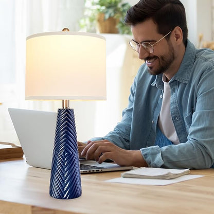 Terpsichore Nightstand Lamp Bedside Lamps Set of 2 Vintage Rustic Farmhouse Table Lamp 3 Way Dimmable Horizontal Stripe Light,for Living Room Bedroom,USB A+C (Blue, High 24 Inch)