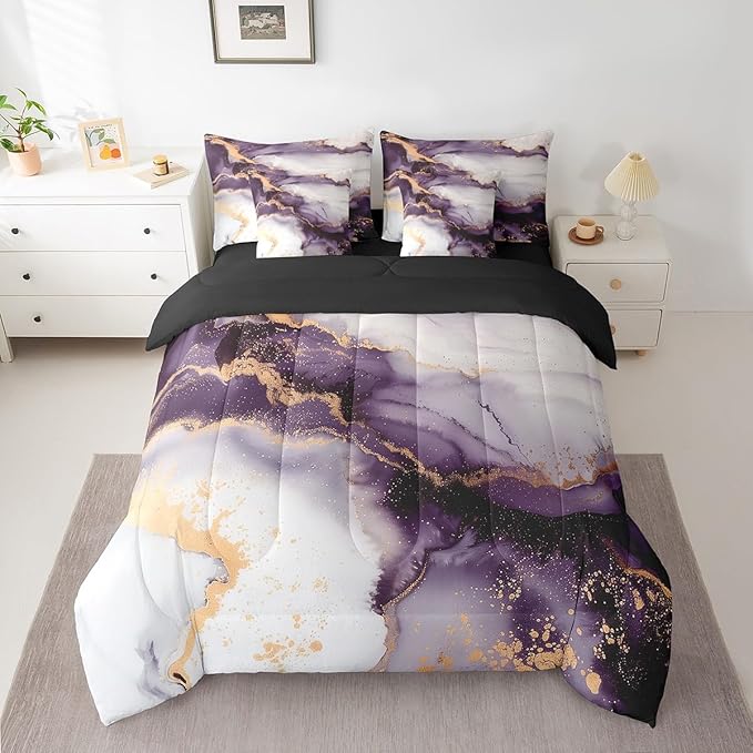 Erosebridal Purple Marbling Bedding Queen Size 7-Piece Watercolor Aesthetic Comforter Set, Foil Print Marble Bedding Comforter Sets Modern Abstract Art Bed in a Bag, Gold Metallic Bedding Accessories