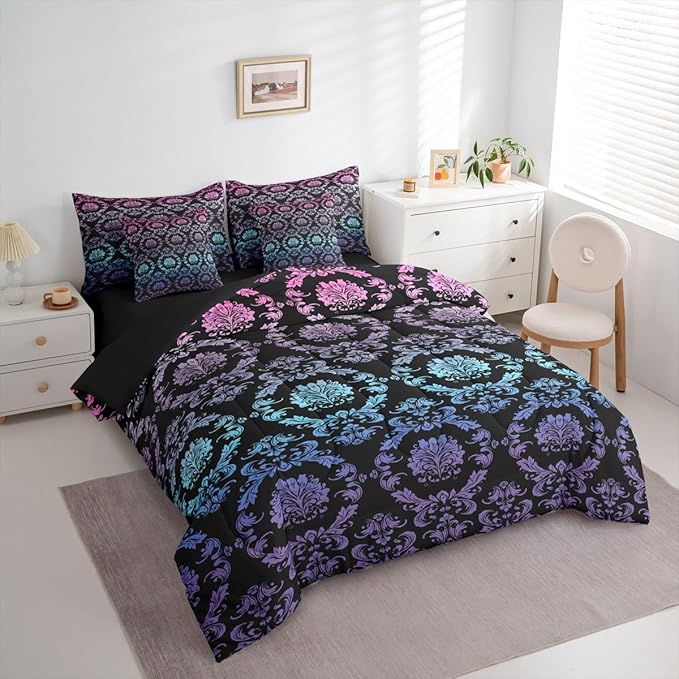 Erosebridal Gradient Rainbow Damask Bed in a Bag Queen Comforter Set 7-Piece | Antique Decor Gothic Vintage Floral Bedding Sets Goth Victorian Comforter and Sheet Set, Luxury Bohemian Room Decor