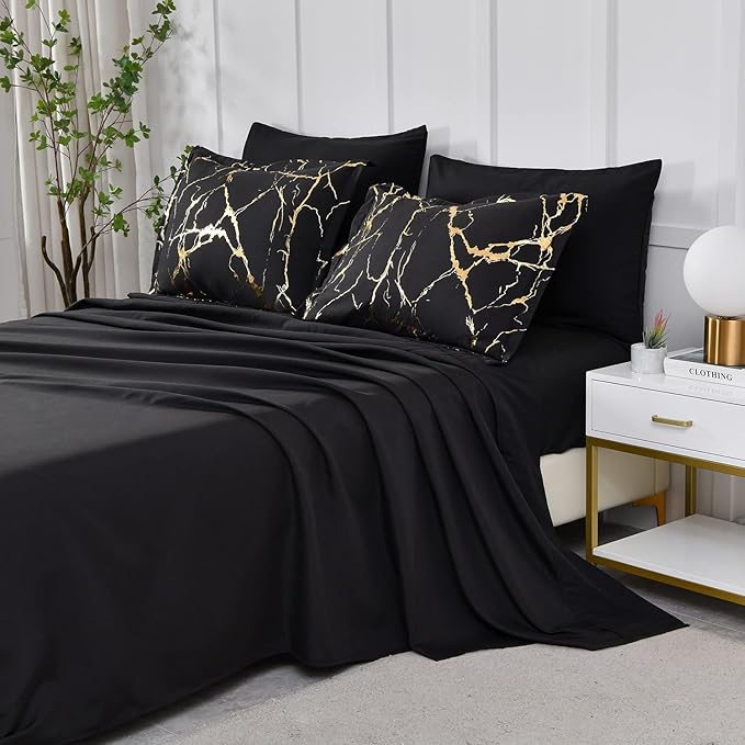 Yogeneg Gold Metallic Marble Comforter Set Queen Size,7 Piece Bed in a Bag,Foil Print Glitter Black Comforter and Sheet Set,All Season Soft Microfiber Complete Bedding Sets(Black,Queen)
