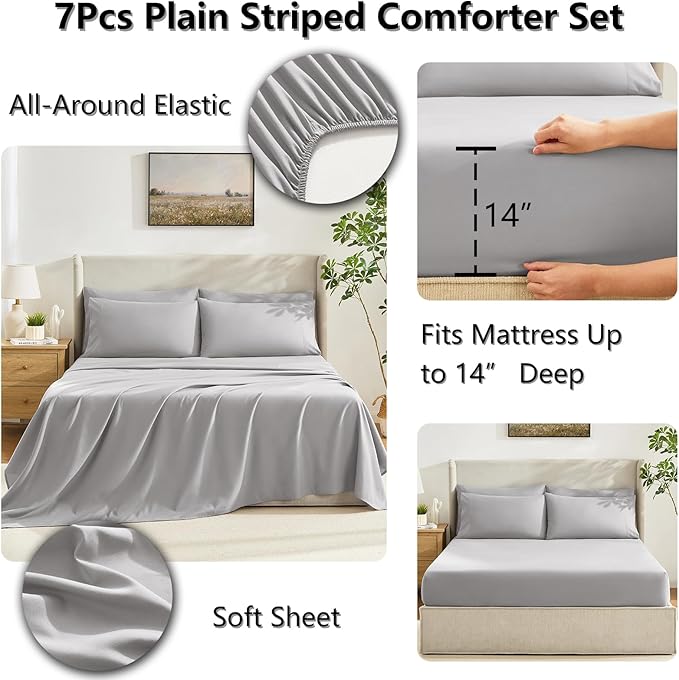 CozyLux Queen Size Comforter Sets French Grey, 7 Pieces Bed in a Bag, Grey Comforter Queen Size, All Season Bedding Sets with Stitch Quilted Comforter, Flat Sheet, Fitted Sheet, Pillowcases