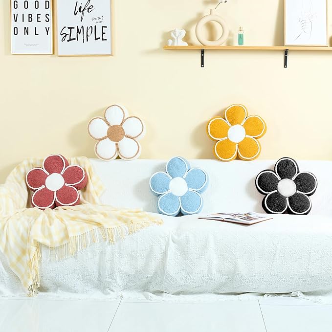 Sioloc Flower Shaped Pillow Daisy Pillows Floor Cushion Pastel Cute Seat Cushions Aesthetic Classroom Dorm Decorative Fun Throw Pillow for Bed,Couch(Black,19.7")