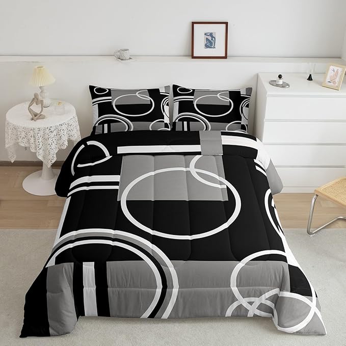 Erosebridal Modern Grey Black Striped Comforter Set Geometric Down Comforter King Size Retro Circle Swirls Bedding Set Bedroom Decor Abstract Texture Color Art Comforter for Kids Adult