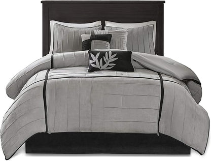 Madison Park Cozy Comforter Set Casual Blocks Design All Season, Matching Bed Skirt, Decorative Pillows, Cal King(104"x92"), Dune Suede, Black Grey, 7 Piece