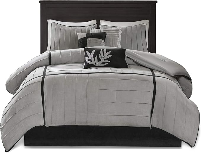 Madison Park Cozy Comforter Set Casual Blocks Design All Season, Matching Bed Skirt, Decorative Pillows, Full(82"x90"), Dune Suede, Black Grey, 7 Piece