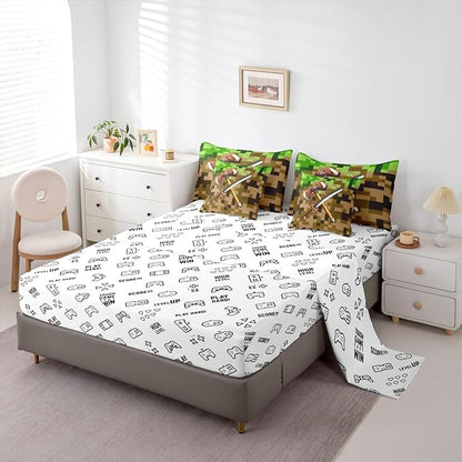 Castle Fairy Axe Sword 7 Piece Comforter Sets King Size,Camouflage Blocks All Season Reversible Bed in a Bag Miner Theme Bedding Sets Pixel Style Flat Sheet,Fitted Sheet,Pillowcases
