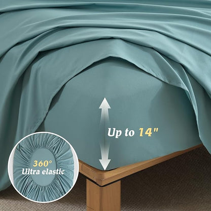 Luxudecor Queen Comforter Set 7 Pieces Bedding Sets,Teal Blue Floral Comforter and Sheet Set,Soft Microfiber Bed in a Bag for All Seasons (Teal Blue,90"x90")