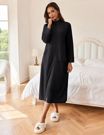 Ekouaer Women Zipper Robe Long Sleeves House Coat Soft Bathrobe Sleepwear with Pockets Housecoat Loungewear