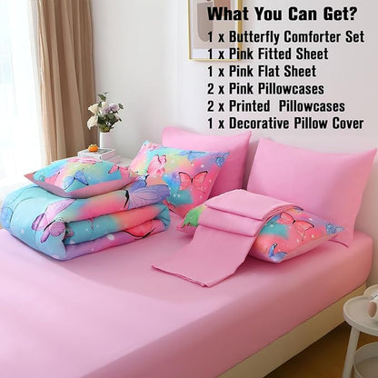 JQinHome 8 Pc Butterfly Comforter Set Queen, 3D Rainbow Butterfly Bedding Set for Girls Women,All Season Microfiber Butterfly Design Bedding Collection with Pillowcase, Flat & Fitted Sheet(Rainbow)