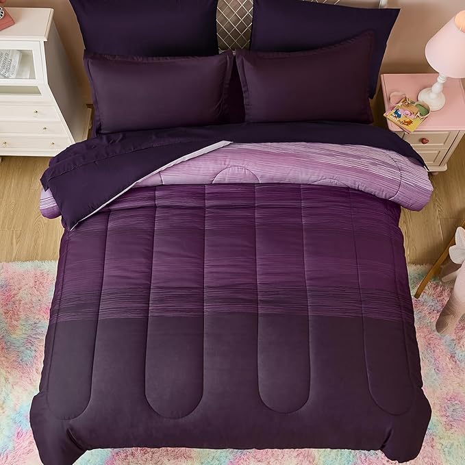 Dinjoy Girls Comforter Set Full Size Colorful Ombre Purple White Rainbow Bedding Set Bed in A Bag for Kid Teen Girls 7 Pieces (1 Comforter, 1 Flat Sheet, 1 Fitted Sheet, 2 Pillow Shams, 2 Pillowcases)