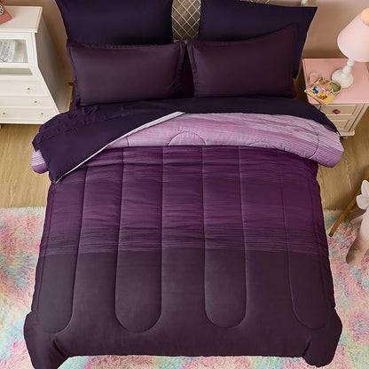 Dinjoy Girls Comforter Set Full Size Colorful Ombre Purple White Rainbow Bedding Set Bed in A Bag for Kid Teen Girls 7 Pieces (1 Comforter, 1 Flat Sheet, 1 Fitted Sheet, 2 Pillow Shams, 2 Pillowcases)